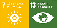 SDGs17の目標の、7.エネルギーをみんなにそしてクリーンに、と、13.気候変動に具体的な対策を、が該当。