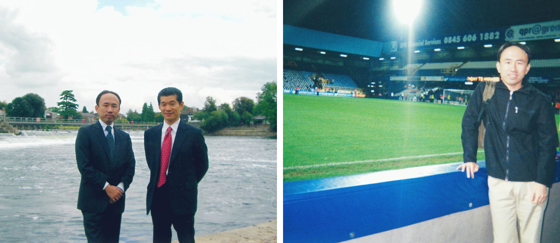 Left: Visited Marlowe, a suburb of London in his 30s for IR activities.Right: In his 30s. With an accountant who likes soccer at Fulham Football Club Craven Cottage.