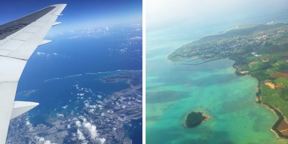 飛行機から撮った沖縄の海(左)と。左がサンゴ礁が豊かな宮古島の海(右)。宮古島では水が透き通っている。