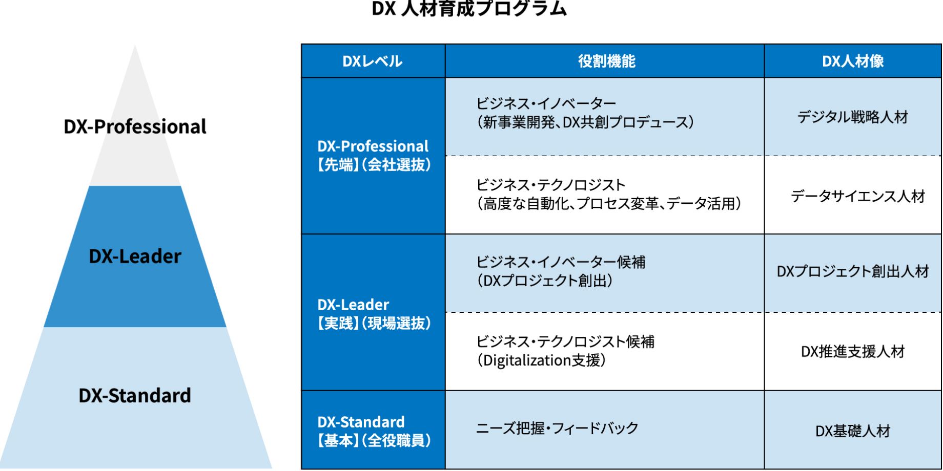 DX人材プログラム：3階層化し、役割機能、目指すべきゴール（DX人材像）を定義