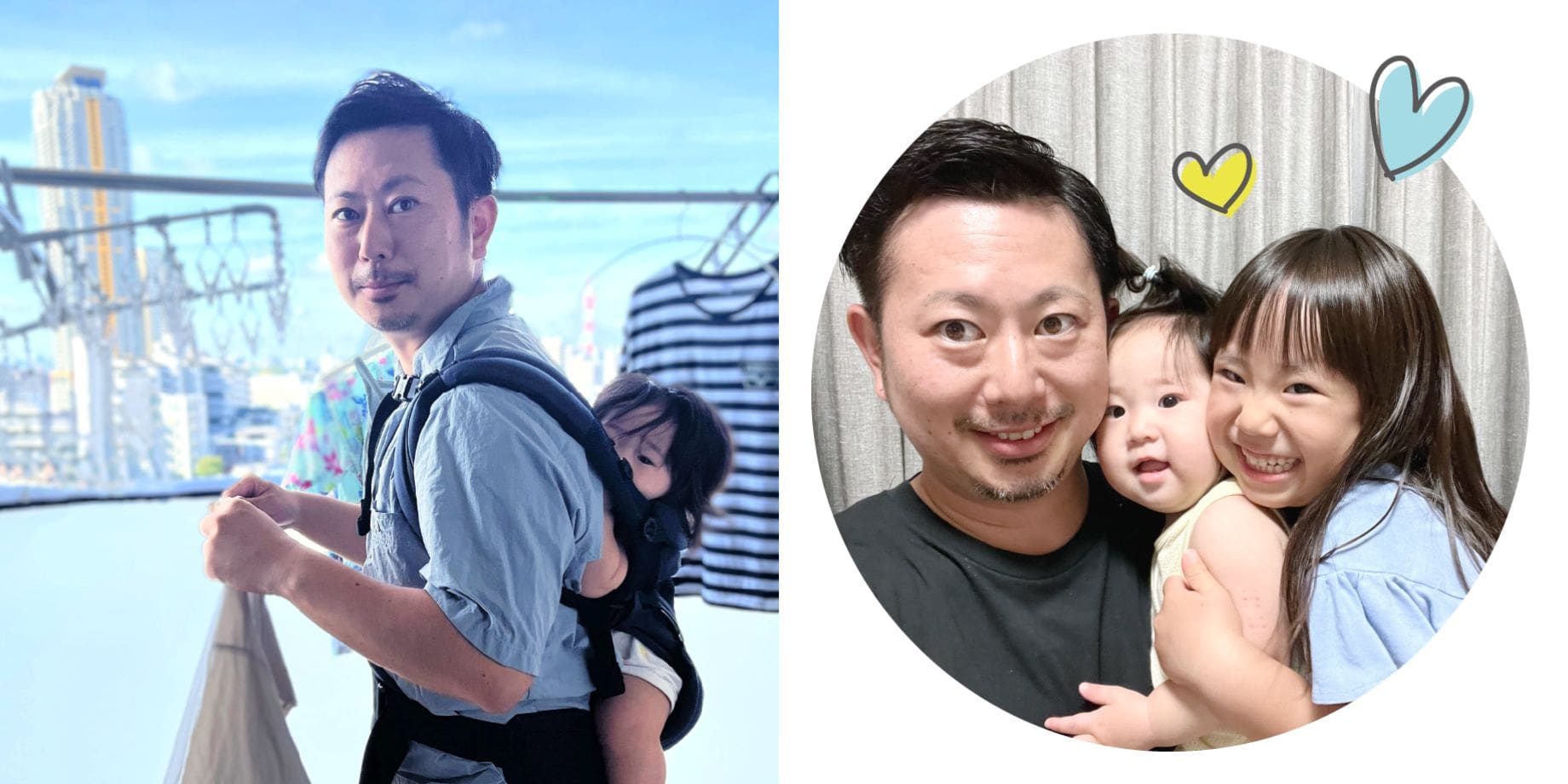 左：育児中の様子 右：若林さんと長女の楓子（かこ）ちゃん、次女の仁椛（にか）ちゃん